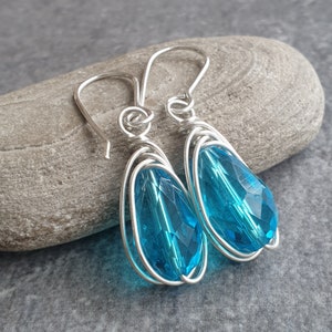 Turquoise crystal earrings, Sterling silver, Teardrop earrings, Bridesmaid gift, Something blue, Raindrop earrings image 6
