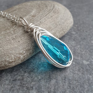 Turquoise crystal pendant, Raindrop necklace, Bridesmaid gift, Bright blue glass, Sterling silver, Weather inspired jewellery image 6