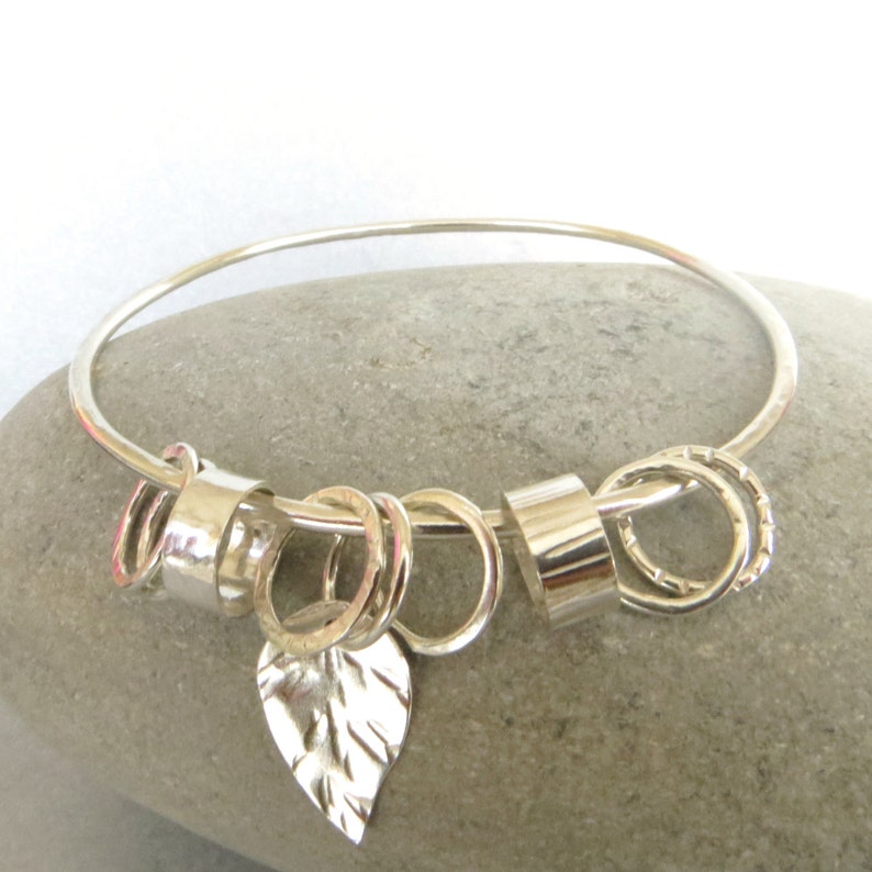 Sterling silver leaf charm bangle, Gardener gift, Nature jewellery, Hallmarked silver UK, Jewelry to play with, Personalised gift image 4