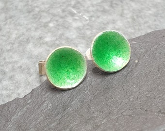 Green enamel earrings, Sterling silver studs, Apple green jewelry, Small colourful studs, Gift for her