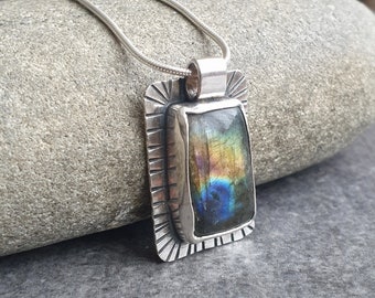 Labradorite necklace, Rectangle pendant, Geometric jewellery, Modern silver square, Contemporary jewelry