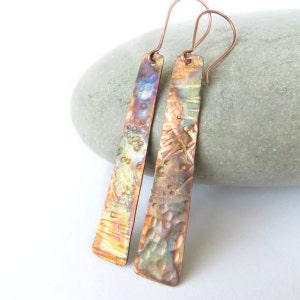 Long copper earrings, Patinated copper jewelry, 7th anniversary gift, Flame painted copper, Boho jewellery gift, Long light earrings image 1