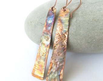 Long copper earrings, Rustic hammer texture, 7th wedding anniversary gift, Flame painted coloured copper, Bohemian jewellery