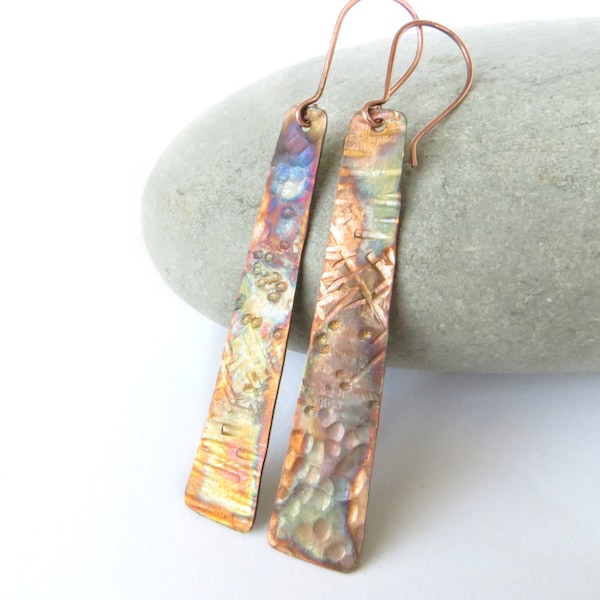 Long copper earrings, Patinated copper jewelry, 7th anniversary gift, Flame painted copper, Boho jewellery gift, Long light earrings