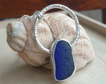 Cobalt blue seaglass necklace, Silver circle pendant, Contemporary seaglass jewellery, Hoop pendant