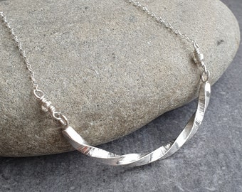 Solid silver bar pendant, Twisted curve necklace, Geometric jewellery,