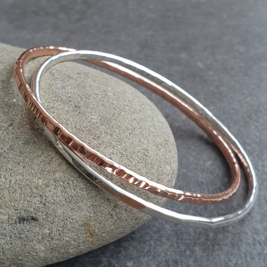 Interlocking Silver and Copper Bangle Set, Mixed Metal Linked Bracelets ...