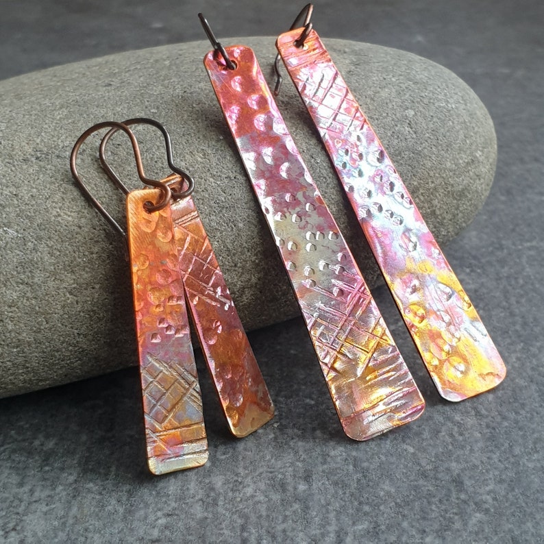 Long copper earrings, Patinated copper jewelry, 7th anniversary gift, Flame painted copper, Boho jewellery gift, Long light earrings image 9