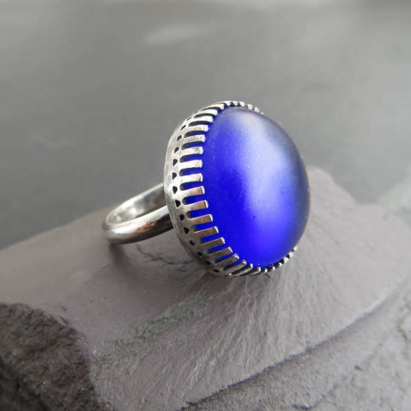 Cobalt blue glass cocktail ring, Large statement ring, Sterling silver,  Large royal blue cabochon ring, UK sellers only