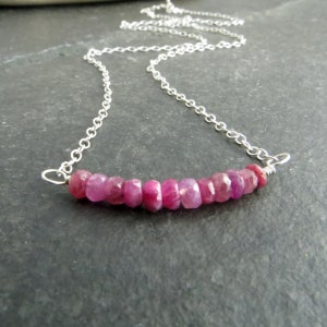 July birthstone necklace, Genuine ruby bar pendant, Sterling silver and ruby, Gift for July birth, Pink bridesmaid gift