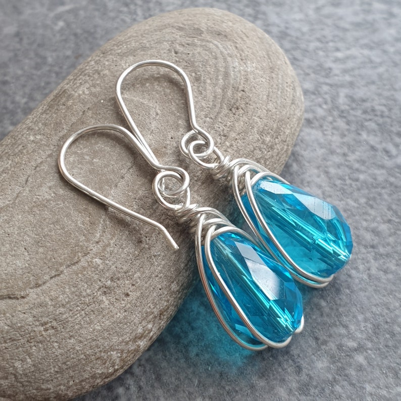 Turquoise crystal earrings, Sterling silver, Teardrop earrings, Bridesmaid gift, Something blue, Raindrop earrings image 2