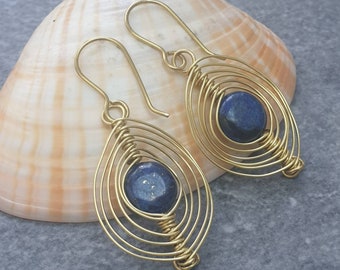 Lapis lazuli and brass earrings, Boho earrings, Blue gemstone gift for women, Wire wrapped jewellery, UK sellers only,