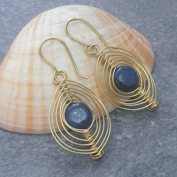 Lapis lazuli and brass earrings, Boho earrings, Blue gemstone gift for women, Wire wrapped jewellery, UK sellers only,