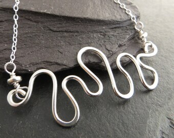 Sterling silver wave necklace with bead detail, Small silver wire bib necklace, Solid silver statement pendant, Choose your length, UK Shop