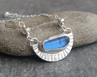 Cornflower blue seaglass pendant,  Small sea glass necklace, Seaham treasure, Gift for beach lover, Geometric jewellery
