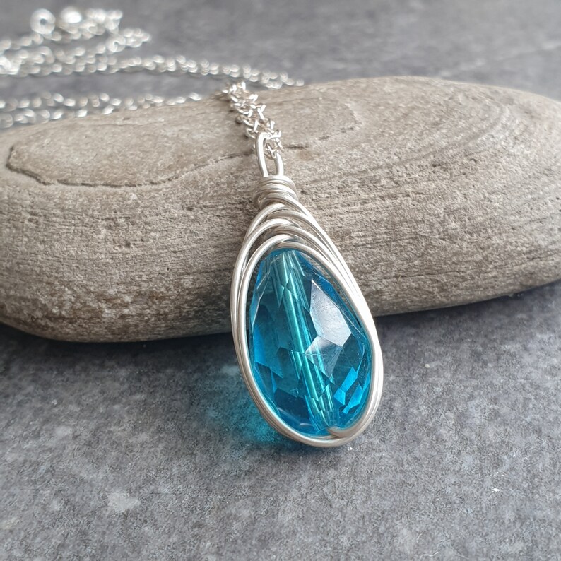 Turquoise crystal pendant, Raindrop necklace, Bridesmaid gift, Bright blue glass, Sterling silver, Weather inspired jewellery image 2