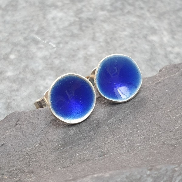 Cobalt blue enamel earrings, Small stud earrings, Prussian blue studs, Sterling silver enamel jewellery