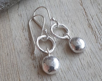 Recycled silver pebble earrings, Melted nugget drops, Small chunky dangles, Gift for beach lover