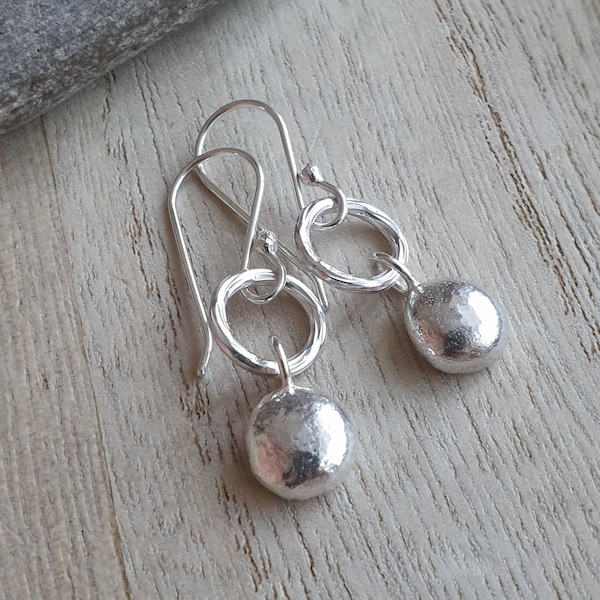 Recycled silver pebble earrings, Melted nugget drops, Small chunky dangles, Gift for beach lover