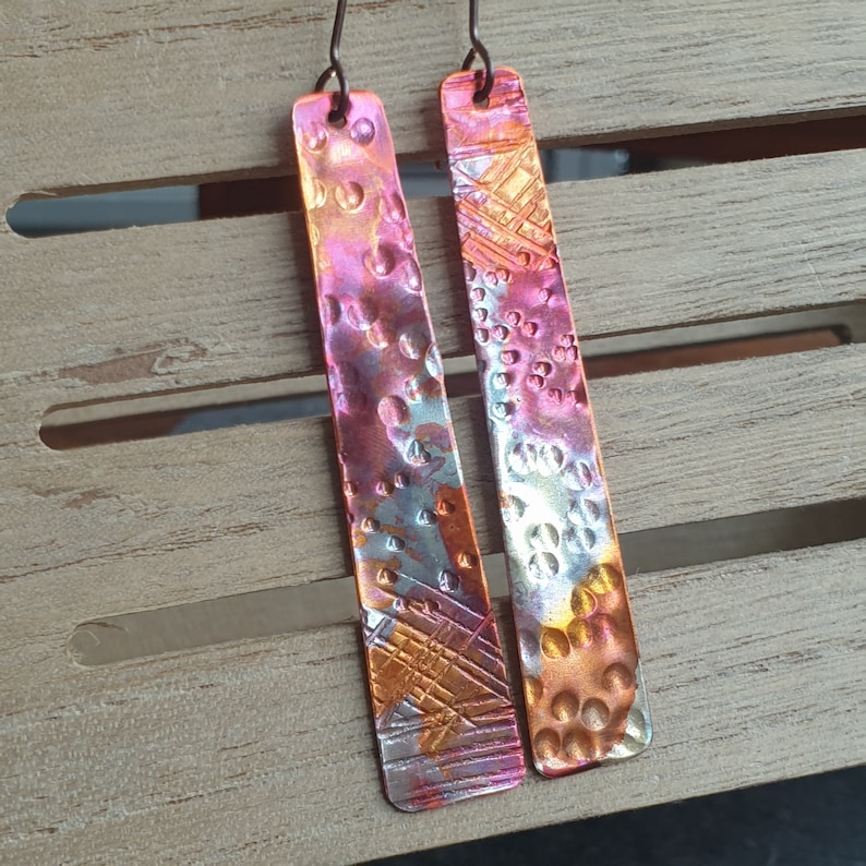 Long copper earrings, Patinated copper jewelry, 7th anniversary gift, Flame painted copper, Boho jewellery gift, Long light earrings image 5