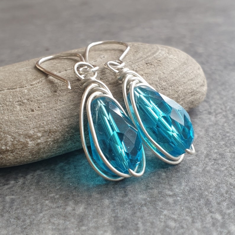 Turquoise crystal earrings, Sterling silver, Teardrop earrings, Bridesmaid gift, Something blue, Raindrop earrings image 4