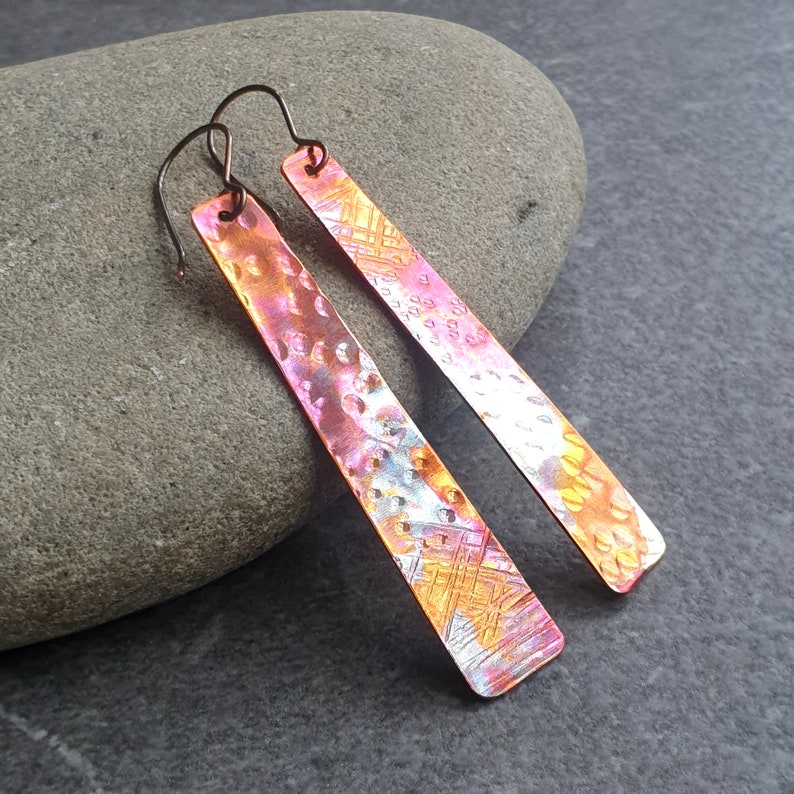Long copper earrings, Patinated copper jewelry, 7th anniversary gift, Flame painted copper, Boho jewellery gift, Long light earrings image 4