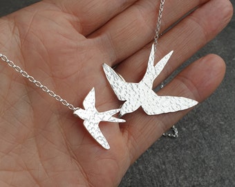 Solid silver swallow necklace, Gift for bird lover, Pair of swallows, Wildlife jewellery, Mother and daughter necklace, 25th anniversary