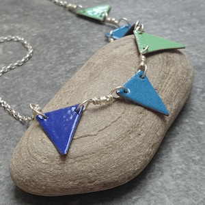 Bunting flag necklace, Blue and green enamel necklace, Colourful jewellery, Summer festival style, Geometric triangle pendant image 1