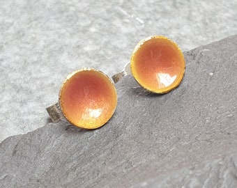 Orange enamel studs, Small circle earrings, Cheerful gift, Sunshine inspired, Enamelled silver