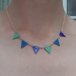 Bunting flag necklace, Blue and green enamel necklace, Colourful jewellery, Summer festival style, Geometric triangle pendant image 6