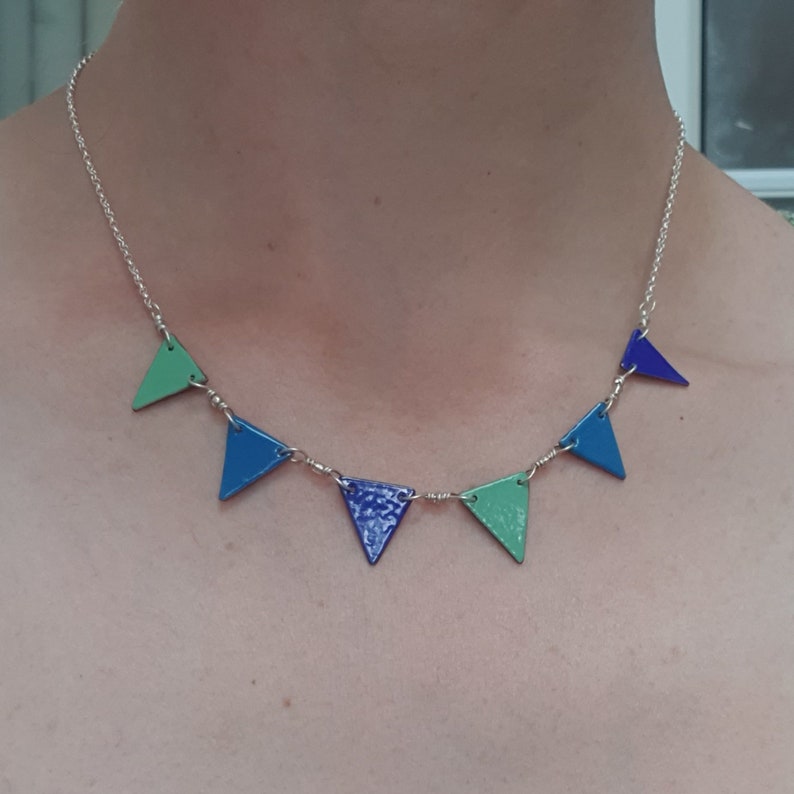 Bunting flag necklace, Blue and green enamel necklace, Colourful jewellery, Summer festival style, Geometric triangle pendant image 6