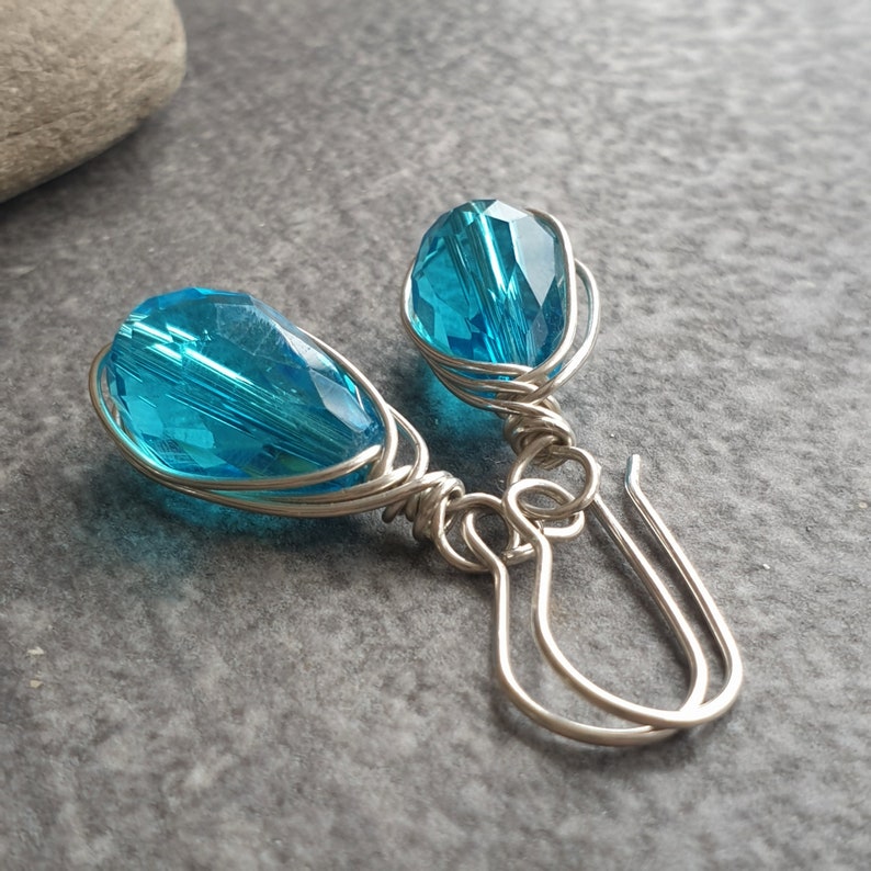 Turquoise crystal pendant, Raindrop necklace, Bridesmaid gift, Bright blue glass, Sterling silver, Weather inspired jewellery image 8