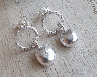 Recycled silver pebble studs, Circle earrings, Small chunky dangles, Contemporary jewellery gift