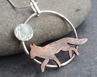 Copper fox pendant, Silver hoop pendant, Statement necklace, 7th anniversary gift, Animal lovers gift, Wildlife inspired
