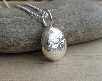 Recycled silver pebble pendant, Minimalist sterling nugget necklace, Simple everyday necklace, Gift for beach lover, Melted silver jewellery