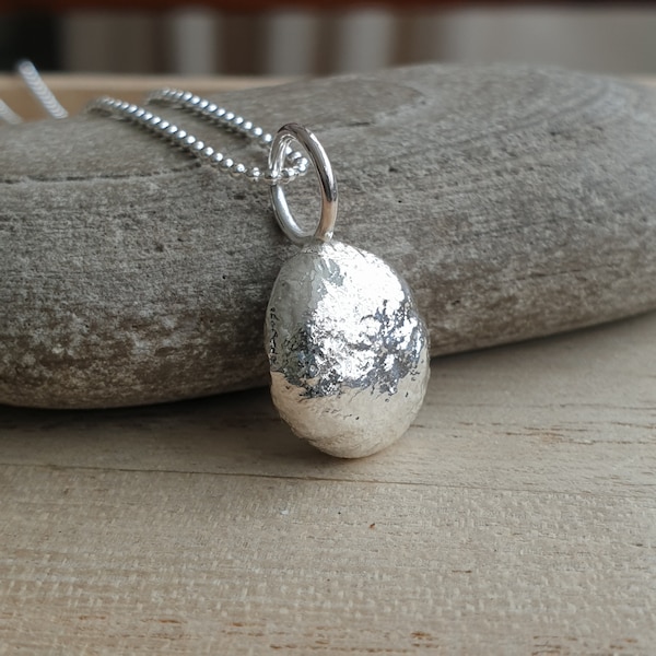 Recycled silver pebble pendant, Minimalist sterling nugget necklace, Simple everyday necklace, Gift for beach lover, Melted silver jewellery