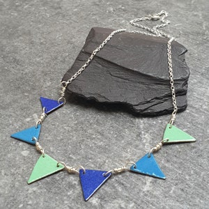 Bunting flag necklace, Blue and green enamel necklace, Colourful jewellery, Summer festival style, Geometric triangle pendant image 5