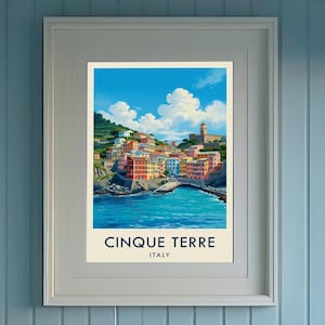 Cinque Terre Italy Watercolor Poster Print, Italian Coastal Wall Art image 1