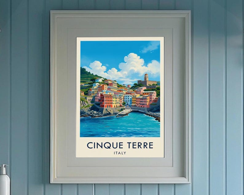 Cinque Terre Italy Watercolor Poster Print, Italian Coastal Wall Art image 1