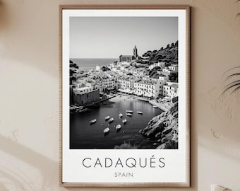 Cadaqués Spain Travel Poster | Black White Mediterranean Harbor Village Wall Art