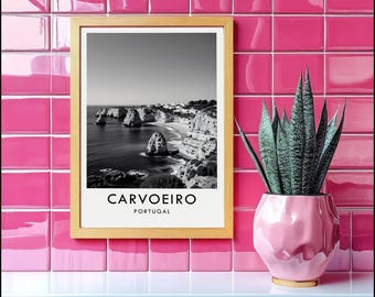 Carvoeiro Coastal Wall Art Print | Algarve Portugal Cliff Decor | Black White Mediterranean Seaside