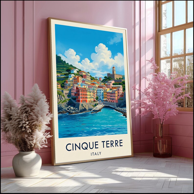 Cinque Terre Italy Watercolor Poster Print, Italian Coastal Wall Art image 2