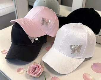 Butterfly Rhinestone Baseball Cap for Women, Floral Jacquard Satin Dad Hat, Bling Crystal Butterfly Hat, Adjustable Luxury Summer Cap, Gift