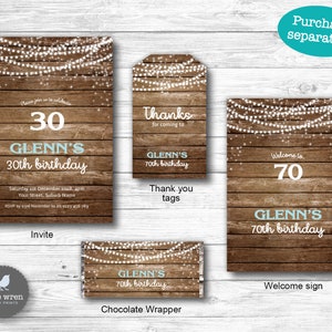 May include: Printable party decorations for a 70th birthday party with a rustic wood background and white lights. The set includes an invitation, thank you tags, a welcome sign, and a chocolate wrapper. The text on the decorations says "Glenn's 70th birthday".