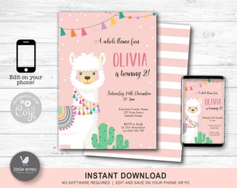 Llama invitation, INSTANT DOWNLOAD, Alpaca invite, 1st birthday invite, girls birthday, fiesta birthday, llama birthday party, llama invite