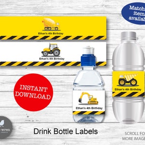 Construction Party Water Bottle Labels, INSTANT DOWNLOAD, drink bottle, construction birthday party, digital file, truck