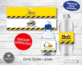 May include: Construction themed printable water bottle labels with yellow and black stripes and images of construction vehicles. The labels say "Ethan's 4th Birthday".