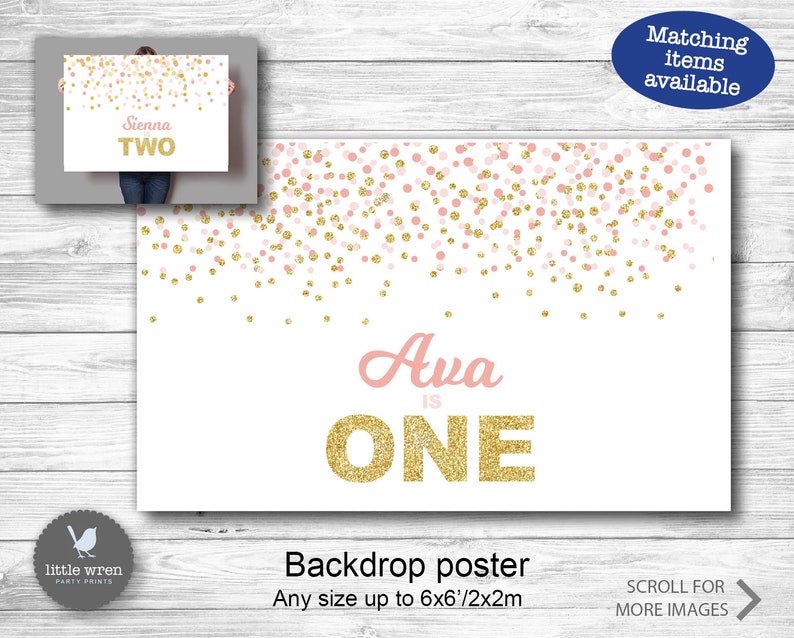 Confetti Party Invitation, Pink gold Invite, 1st birthday, chocolate wrapper, drink bottle label, glitter, digital file, dots, girl image 8