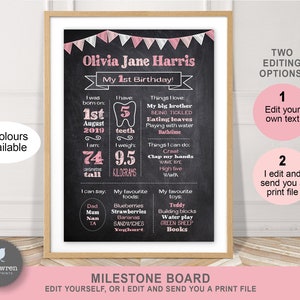 Milestone Board, Chalkboard poster, stampa del primo compleanno, grafico delle pietre miliari, poster della lavagna, lavagna del compleanno, poster di nascita, 1 ° compleanno