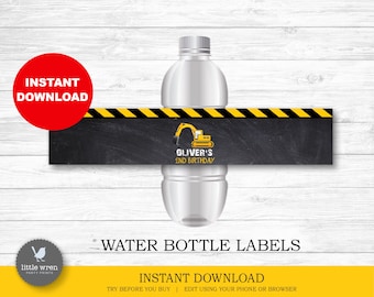 May include: Printable water bottle labels with a black and yellow construction theme. The labels feature a yellow excavator and the text "Oliver's 2nd Birthday".